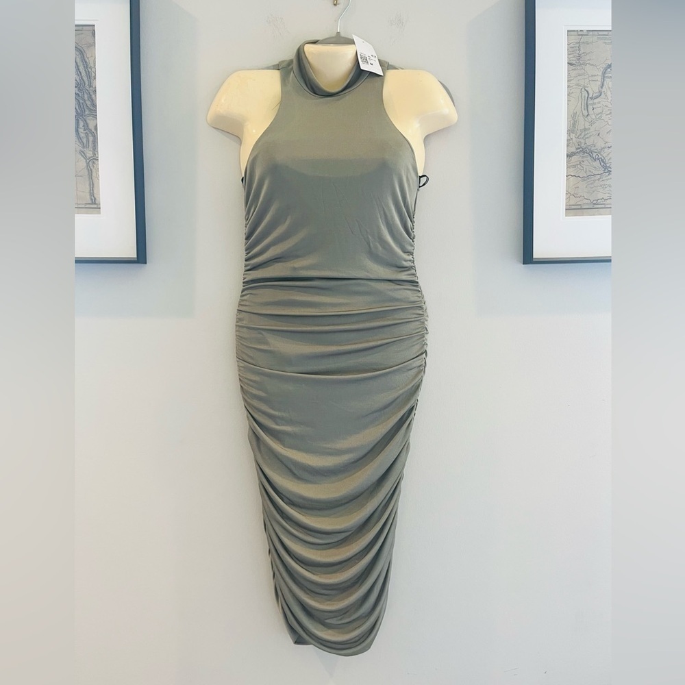 Forever 21 Mock Neck Body-Con Sleeveless Dress with Ruched Sides-Sage Green/grey